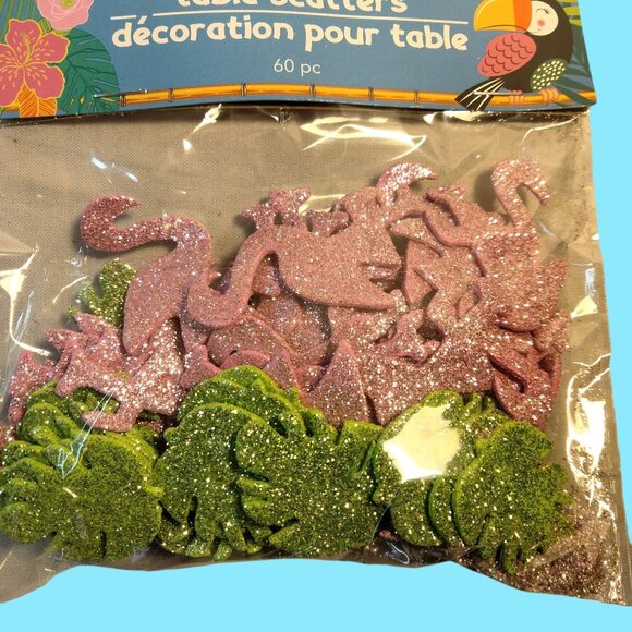 Pink Green Glitter Flamingo Palm Leaf Table Scatters 60 Pieces - Picture 2 of 4